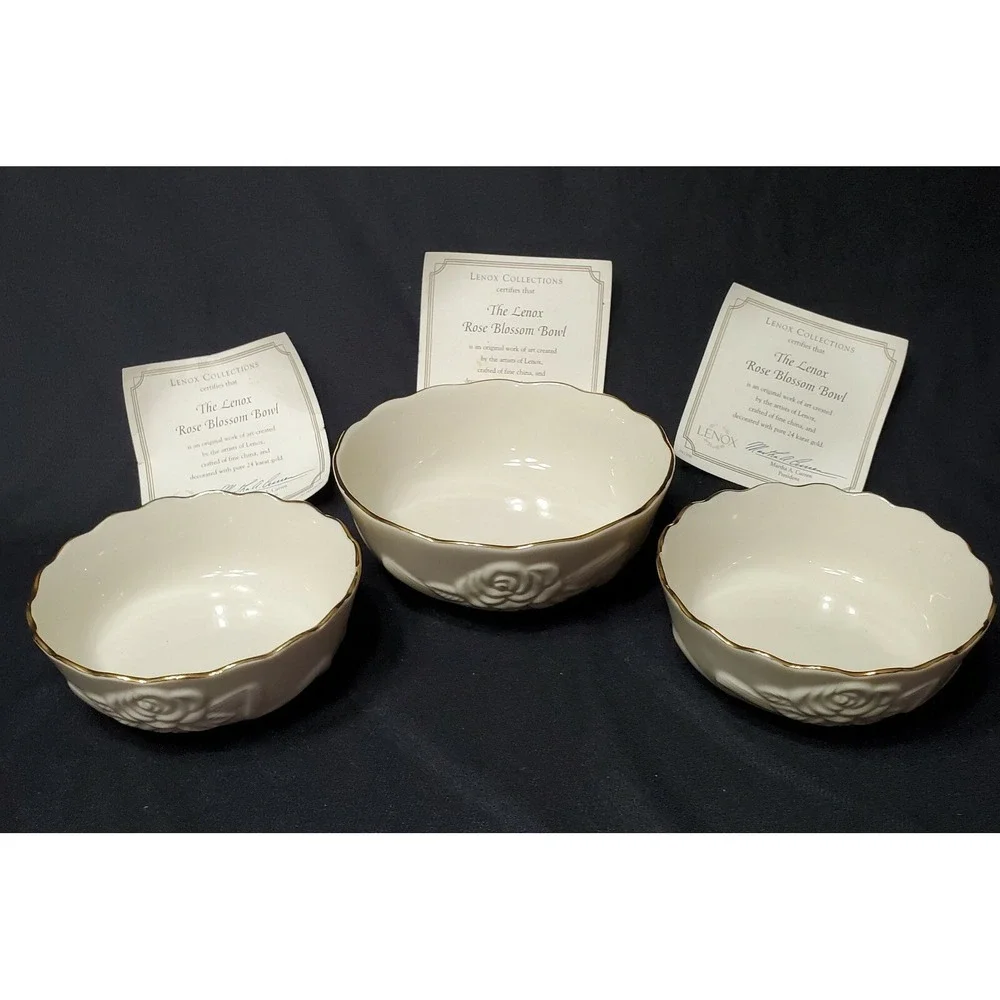 3 Pc Lenox Rose Blossom Fine China Porcelain Bowl Set w/ 24k Gold Trim